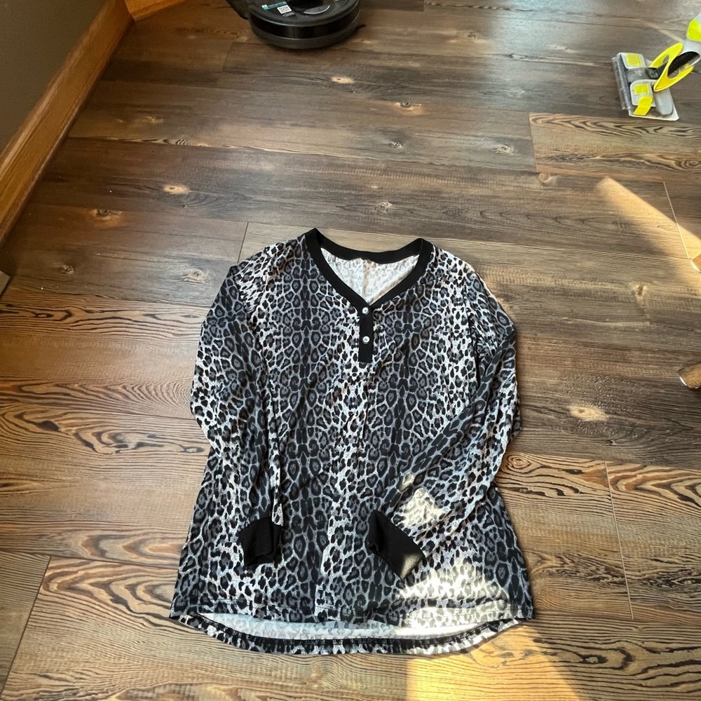Amazon Black and Gray Leopard Print Henley Top